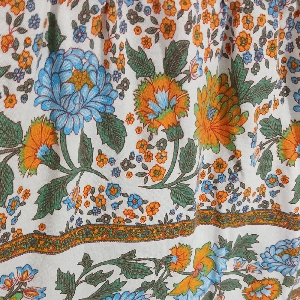 Zesica Orange Blue Floral Boho Tiered Pull On Elastic Waist Maxi Skirt SZ M